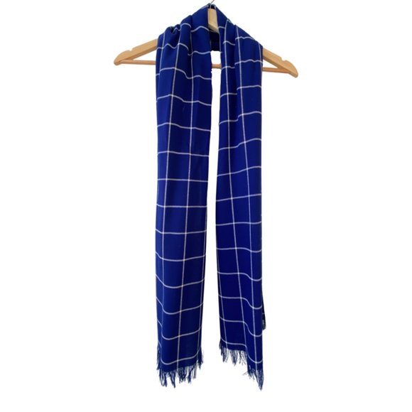 VINTAGE SAKS FIFTH AVENUE DAVID HAYES Wool Blue Plaid Wool Dress Scarf USA Sz 8 - Picture 7 of 8